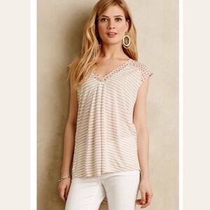 Anthropologie Daystripe Little Yellow Button Ivory Striped Lightweight Tee top